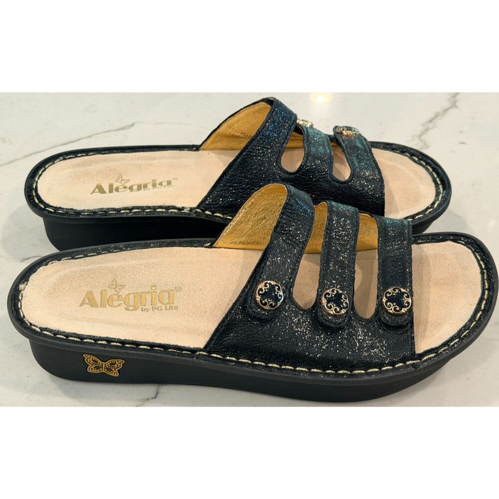 Alegria Women’s Fiona FIO-211 Black Gold Metallic Slide Sandal Comfort Size 39/9